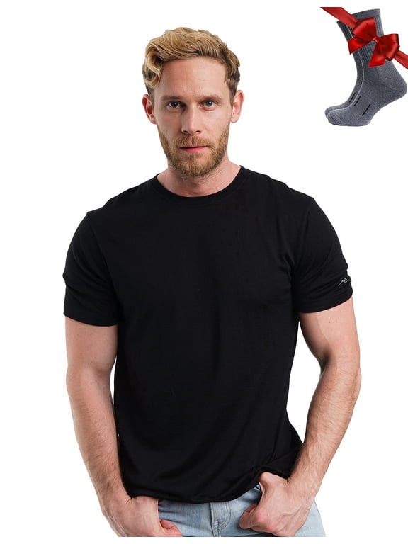 Merino.tech Men's Merino Wool Short Sleeve T-Shirt with Socks, Black Ink, Size L
