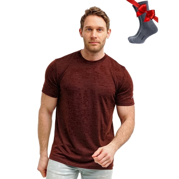Merino.tech Men's Merino Wool Short Sleeve T-Shirt with Socks, Bordo Wine, Size XL