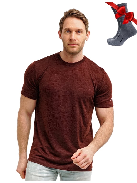 Merino.tech Men's Merino Wool Short Sleeve T-Shirt with Socks, Bordo Wine, Size XL