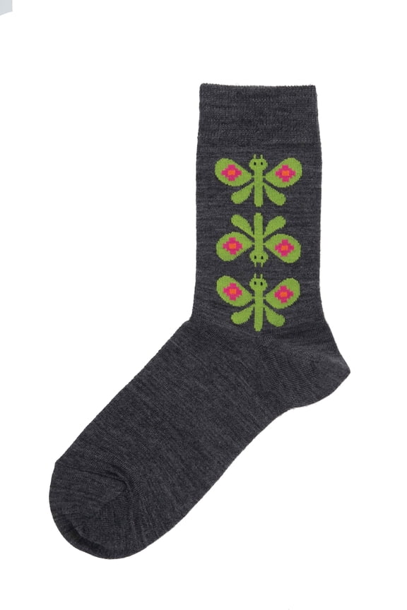 Merino Wool Woman Socks 40-45 Large Butterfly Gray-Green Comfortable Soft All Year Use Swedish Design by Bengt & Lotta