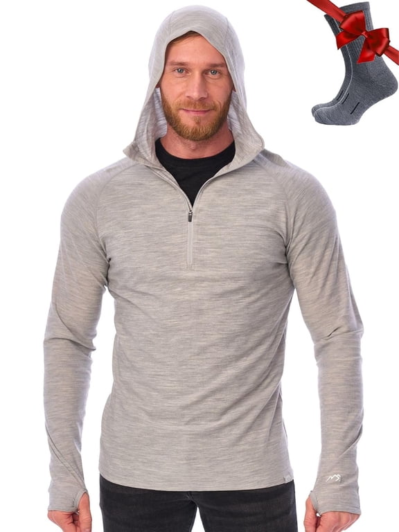 Merino.tech 100% Merino Wool Hoodie Men - Slim Fit Merino Wool Base Layer Mens Half Zip Thermal Long Sleeve Shirt and Socks X-Large, 190 Heather Grey