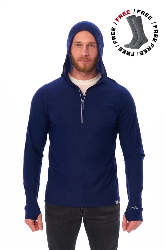 Merino.tech 100% Merino Wool Hoodie Men - Slim Fit Merino Wool Base Layer Mens Half Zip Thermal Long Sleeve Shirt and Socks (Large, 190 Navy)