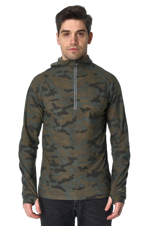 Merino.tech 100% Merino Wool Hoodie Men - Slim Fit Merino Wool Base Layer Mens Half Zip Thermal Long Sleeve Shirt and Socks (Medium, 190 Camo)