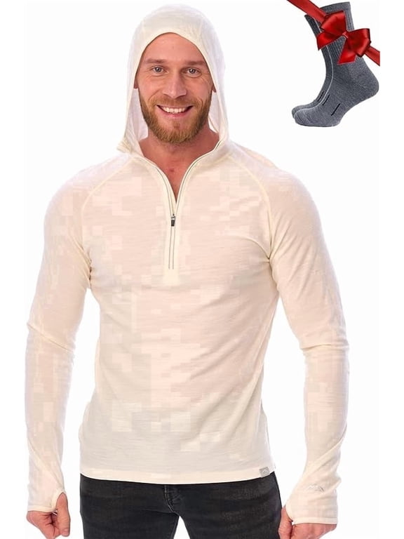 π§πππ₯π ππ Merino.tech Menβs Merino Wool Half Zip Hoodie - Slim Fit Base Layer Top with Hiking Socks