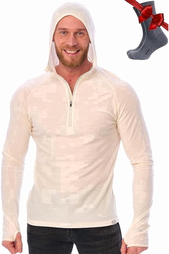 π§πππ₯π ππ Merino.tech Menβs Merino Wool Half Zip Hoodie - Slim Fit Base Layer Top with Hiking Socks