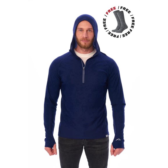 Merino.tech Men’s Merino Wool Hoodie - 100% Merino Slim Fit Half Zip Long Sleeve Base Layer with Bonus Hiking Socks (XX-Large, 190 Navy)
