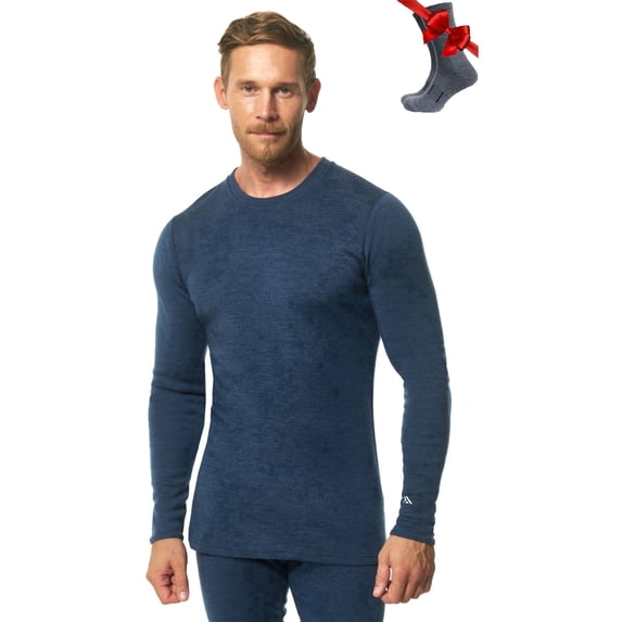 Merino.tech Men's Heavyweight Merino Wool Crew Neck Long Sleeve Top with Socks, Navy, Size S