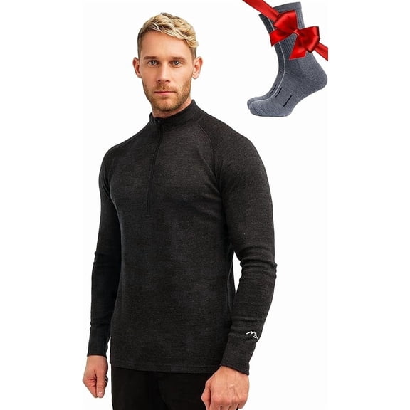 Merino.tech Men's Merino Wool Quarter Zip Base Layer with Socks, Charcoal Gray, Size 3XL
