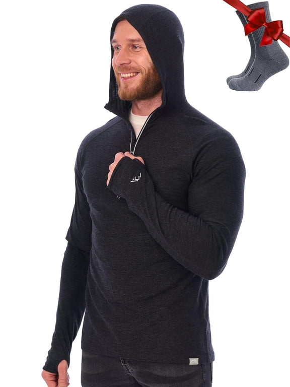 Merino.tech Men's Merino Wool Quarter Zip Hoodie with Socks, Charcoal Grey, Size L
