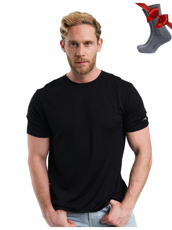 Merino.tech Men's Merino Wool Short Sleeve T-Shirt with Socks, Black Ink, Size 3XL