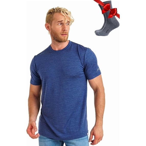 Merino.tech Men's Merino Wool Short Sleeve T-Shirt with Socks, Chicago Blues, Size L