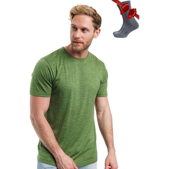 Merino.tech Men's Merino Wool Short Sleeve T-Shirt with Socks, Olive Grove, Size S