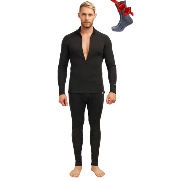 Merino.tech Men’s Base Layer Set - Thermal Merino Wool Top and Bottom and Merino Sox Included, Charcoal Grey - L