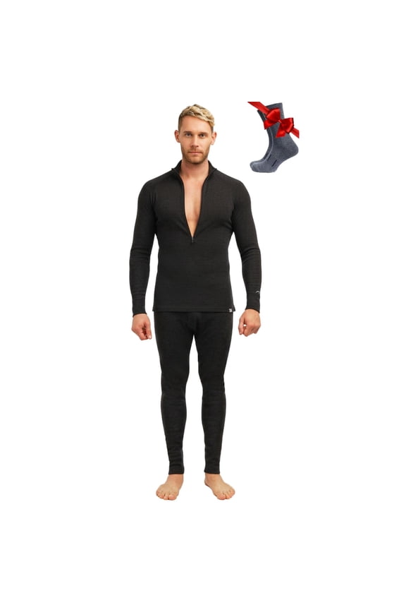 Merino.tech Menโs Base Layer Set - Thermal Merino Wool Top and Bottom and Merino Sox Included, Charcoal Grey - L