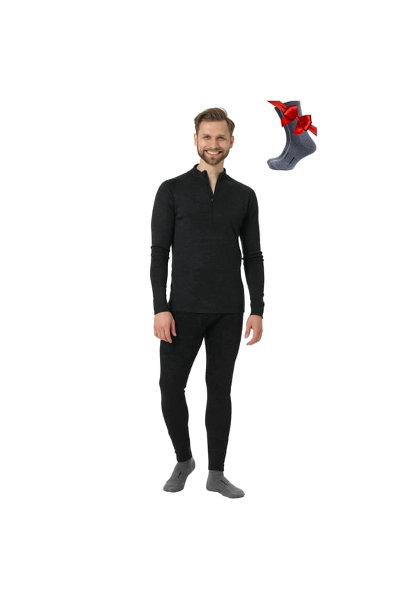 Merino.tech Men’s Base Layer Set - Thermal Merino Wool Top and Bottom and Merino Sox Included, Charcoal Grey - S