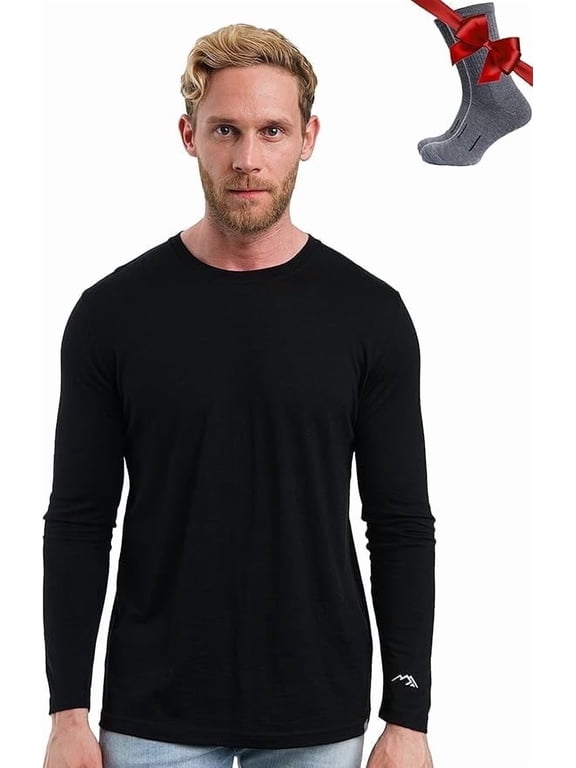 Merino.tech Men's Merino Wool Long Sleeve Base Layer with Socks, Black, Size S