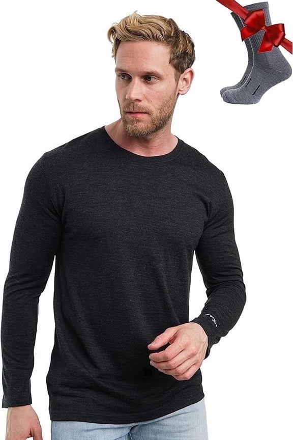 Merino.tech Men's Merino Wool Long Sleeve Base Layer with Socks, Charcoal Gray, Size 2XL