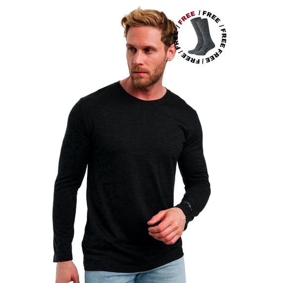 Merino.tech Menโs Soft ๐๐ฟ๐ฒ๐ฎ๐๐ต๐ฎ๐ฏ๐น๐ฒ Lightweight Merino Wool Base Layer Long Sleeve Thermal Shirt and Hiking Socks Bundle