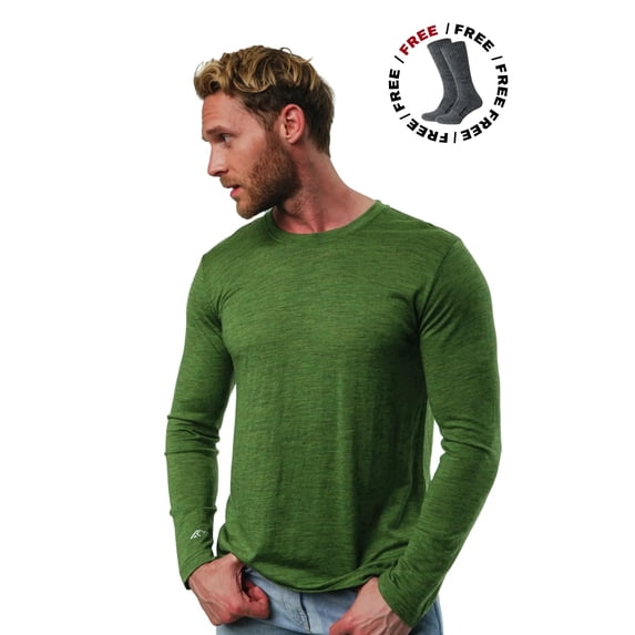 Merino.tech Menโs Soft ๐๐ฟ๐ฒ๐ฎ๐๐ต๐ฎ๐ฏ๐น๐ฒ Lightweight Merino Wool Base Layer Long Sleeve Thermal Shirt and Hiking Socks Bundle
