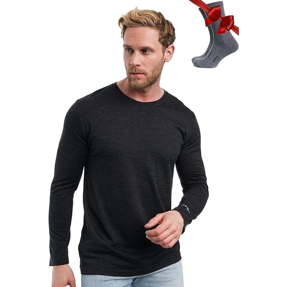 𝗕𝗥𝗘𝗔𝗧𝗛𝗔𝗕𝗟𝗘 Merino.tech Men’s Midweight Merino Wool Thermal Long Sleeve Shirt with Hiking Socks