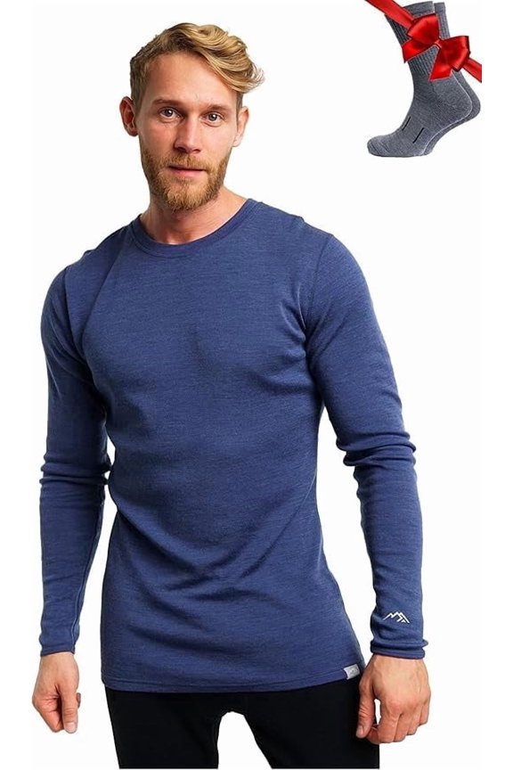 Merino.tech Men's Merino Wool Long Sleeve Base Layer with Socks, Windsor Blue, Size M
