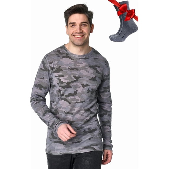 𝗕𝗥𝗘𝗔𝗧𝗛𝗔𝗕𝗟𝗘 Merino.tech Men’s Midweight Merino Wool Long Sleeve Base Layer Shirt with Hiking Socks