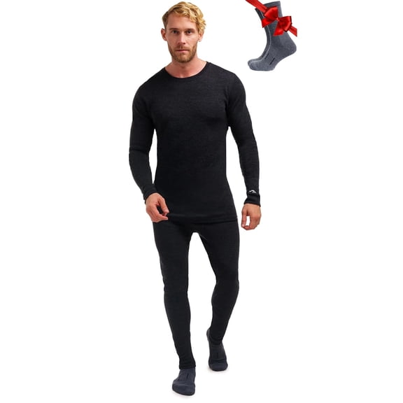 Merino.tech Men's Merino Wool Thermal Underwear Set with Socks, Charcoal, Size L