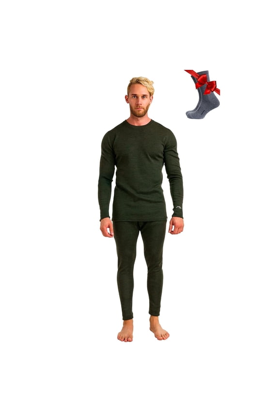 Merino.tech Merino Wool Base Layer Mens Set - Heavyweight, Midweight, Lite Merino Wool Thermal Underwear For Men Top, Bottom XX-Large, 320 Army Green