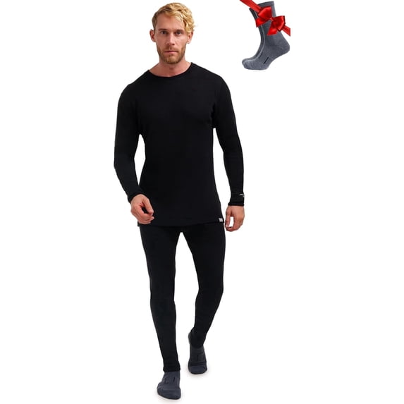 Merino.tech Menโs Base Layer Set - ๐ง๐ต๐ฒ๐ฟ๐บ๐ฎ๐น Merino Wool Top and Bottom with Merino Sox Included, 2XL - Black