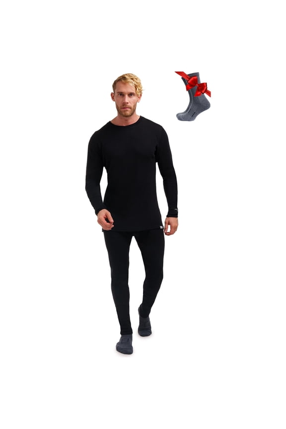 Merino.tech Men’s 100% Merino Wool Midweight Base Layer Top and Bottom Set Includes 𝗕𝗼𝗻𝘂𝘀 Hiking Socks