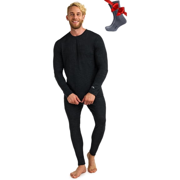 Merino.tech Menโs 100% Merino Wool Lightweight Base Layer Top and Bottom Set Includes ๐๐ผ๐ป๐๐ Hiking Socks