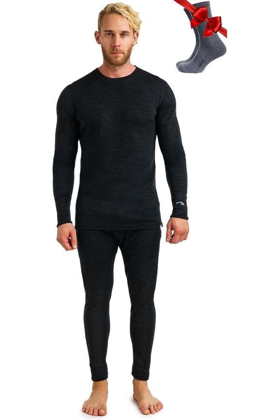 Merino.tech Menโs 100% Merino Wool Heavyweight Base Layer Top and Bottom Set Includes ๐๐ผ๐ป๐๐ Hiking Socks