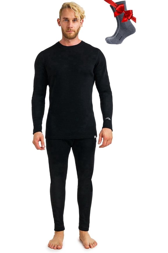 Merino.tech Men's Merino Wool Base Layer Set with Socks, Black, Size L
