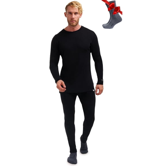 Merino.tech Menโs 100% Merino Wool Midweight Base Layer Top and Bottom Set Includes ๐๐ผ๐ป๐๐ Hiking Socks