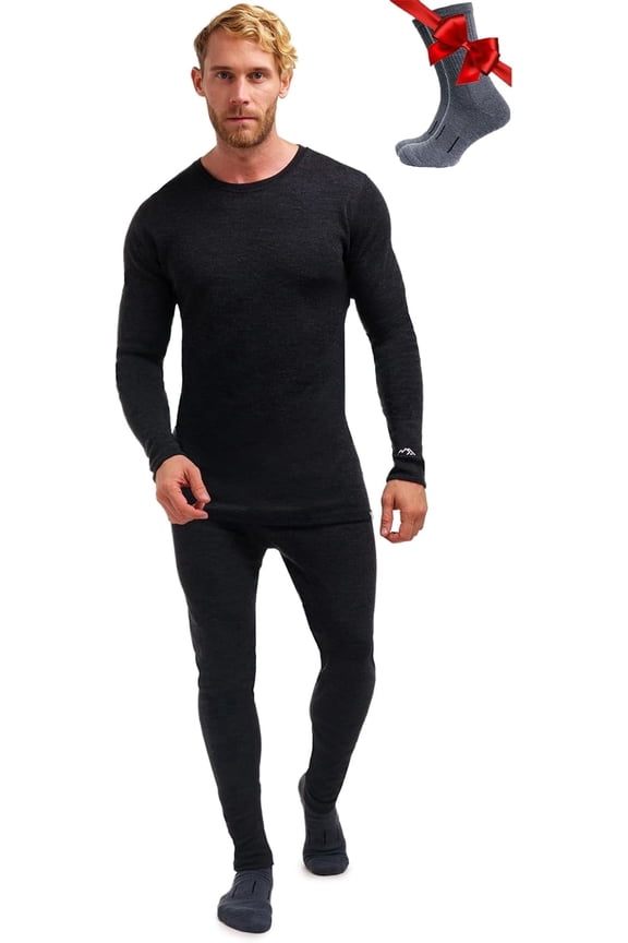 Merino.tech Menโs 100% Merino Wool Midweight Base Layer Top and Bottom Set Includes ๐๐ผ๐ป๐๐ Hiking Socks