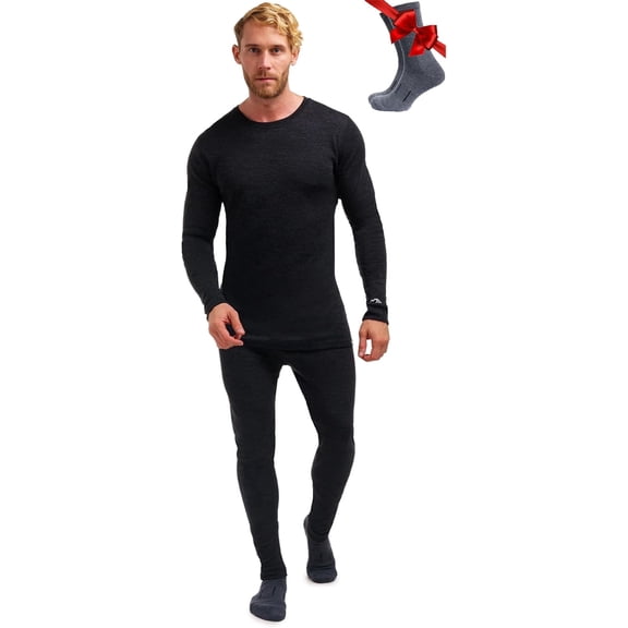 Merino.tech Menโs 100% Merino Wool Midweight Base Layer Top and Bottom Set Includes ๐๐ผ๐ป๐๐ Hiking Socks
