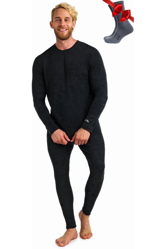 Merino.tech Men's Merino Wool Base Layer Set with Socks, Charcoal Gray, Size 3XL