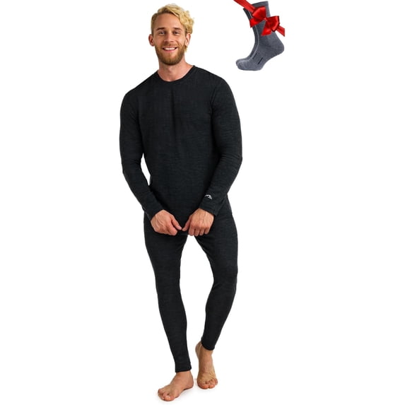 Merino.tech Men’s Base Layer Set - 𝗧𝗵𝗲𝗿𝗺𝗮𝗹 Merino Wool Top and Bottom with Merino Sox Included, XL - Charcoal Grey