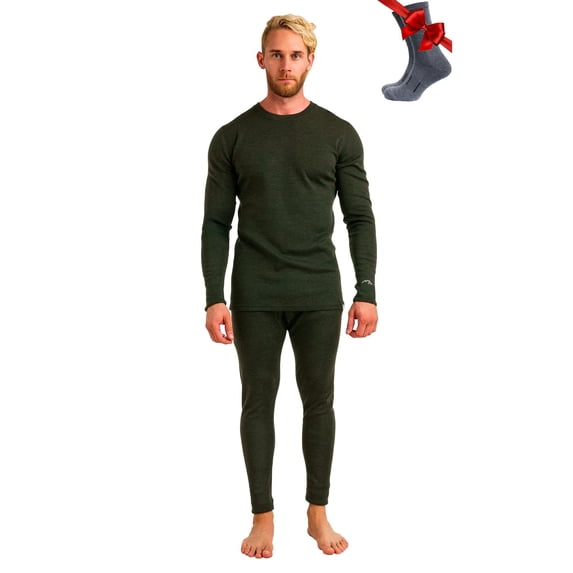 Merino.tech Men’s 100% Merino Wool Heavyweight Base Layer Top and Bottom Set Includes 𝗕𝗼𝗻𝘂𝘀 Hiking Socks