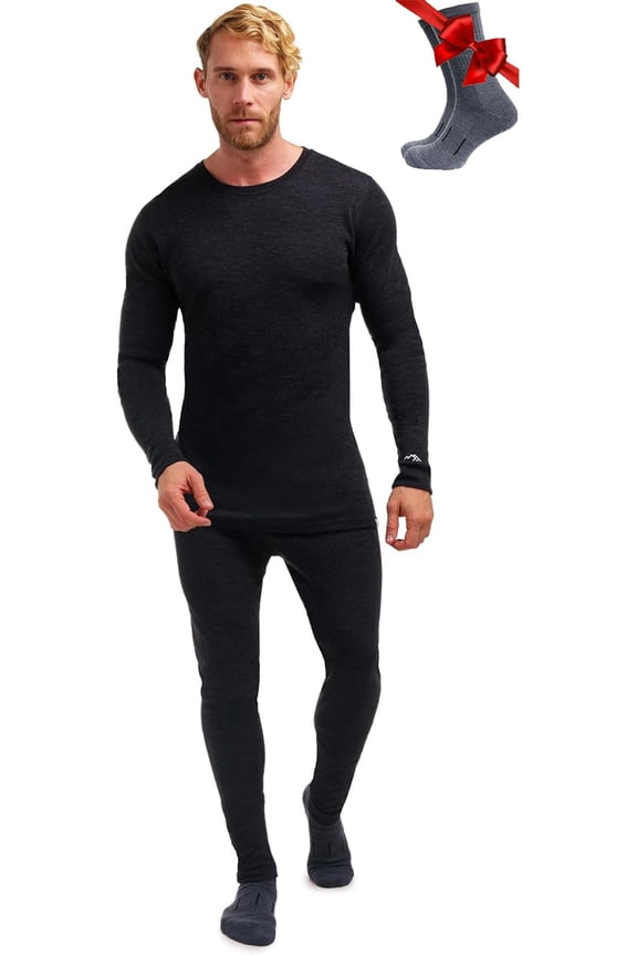 Merino.tech Men’s 100% Merino Wool Midweight Base Layer Top and Bottom Set Includes 𝗕𝗼𝗻𝘂𝘀 Hiking Socks