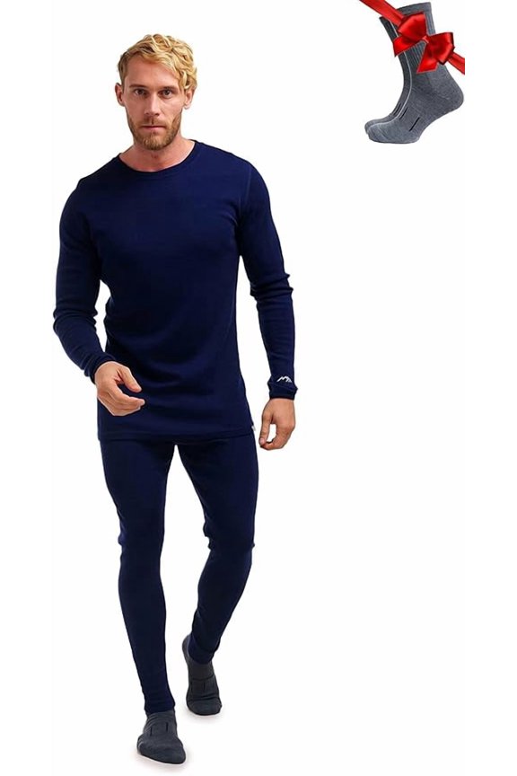 Merino.tech Men's Merino Wool Base Layer Set with Socks, Navy, Size L