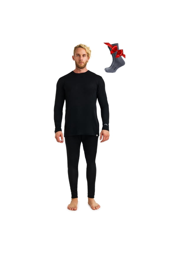 Merino.tech Men’s 100% Merino Wool Lightweight Base Layer Top and Bottom Set Includes 𝗕𝗼𝗻𝘂𝘀 Hiking Socks