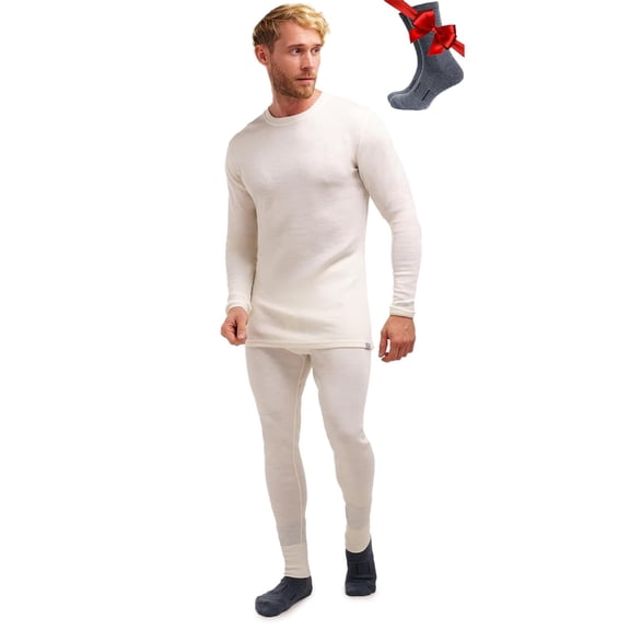 Merino.tech Men's Merino Wool Thermal Underwear Set with Socks, Natural, Size M