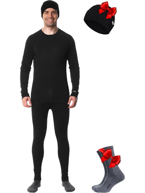 Merino.tech Men’s 100% Merino Wool Midweight Base Layer Top and Bottom Set Includes 𝗕𝗼𝗻𝘂𝘀 Hiking Socks