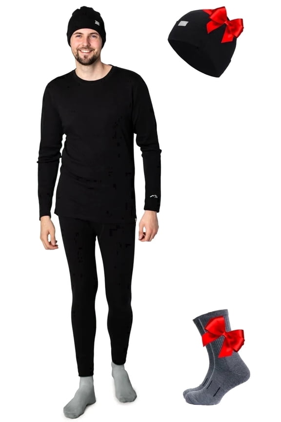 Merino.tech Men's Merino Wool Base Layer Set with Socks and Beanie, Black, Size S