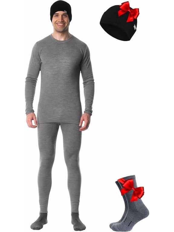 Merino.tech Men's Merino Wool Base Layer Set with Socks and Beanie, Heather Gray, Size L