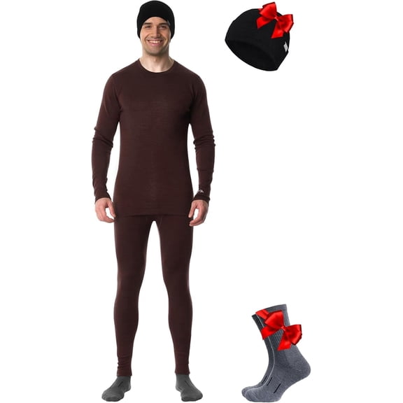 Merino.tech Men’s 100% Merino Wool Midweight Base Layer Top and Bottom Set Includes 𝗕𝗼𝗻𝘂𝘀 Hiking Socks