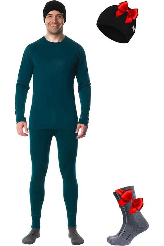 Merino.tech Menβs Base Layer Set - π πΆπ±ππ²πΆπ΄π΅π Merino Wool Top and Bottom with Merino Sox and Beanie Included, M - Deep Teal