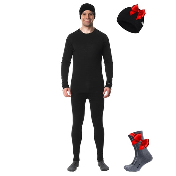 Merino.tech Men’s 100% Merino Wool Midweight Base Layer Top and Bottom Set Includes 𝗕𝗼𝗻𝘂𝘀 Hiking Socks