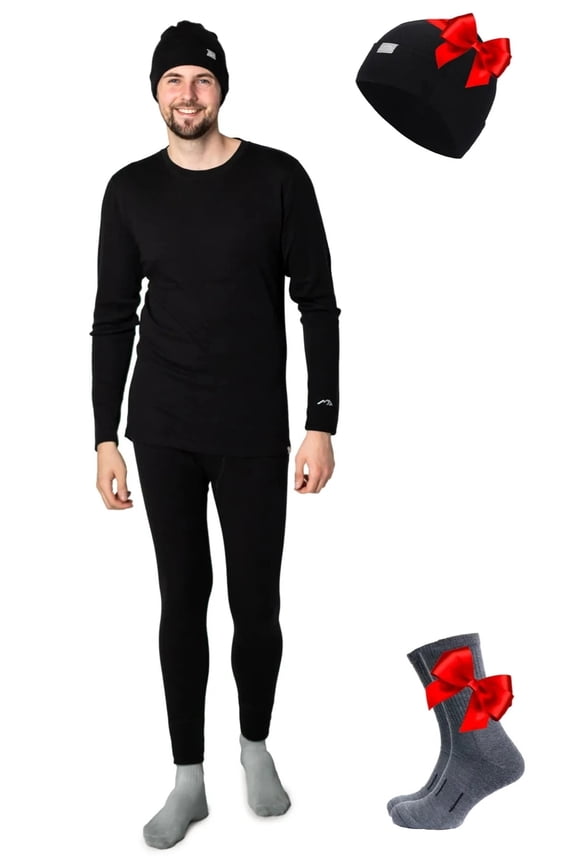 Merino.tech Merino Wool Base Layer Mens Set - Heavyweight, Midweight, Lite Merino Wool Thermal Underwear For Men Top, Bottom with Merino Wool Hiking Socks + Beanie Hat